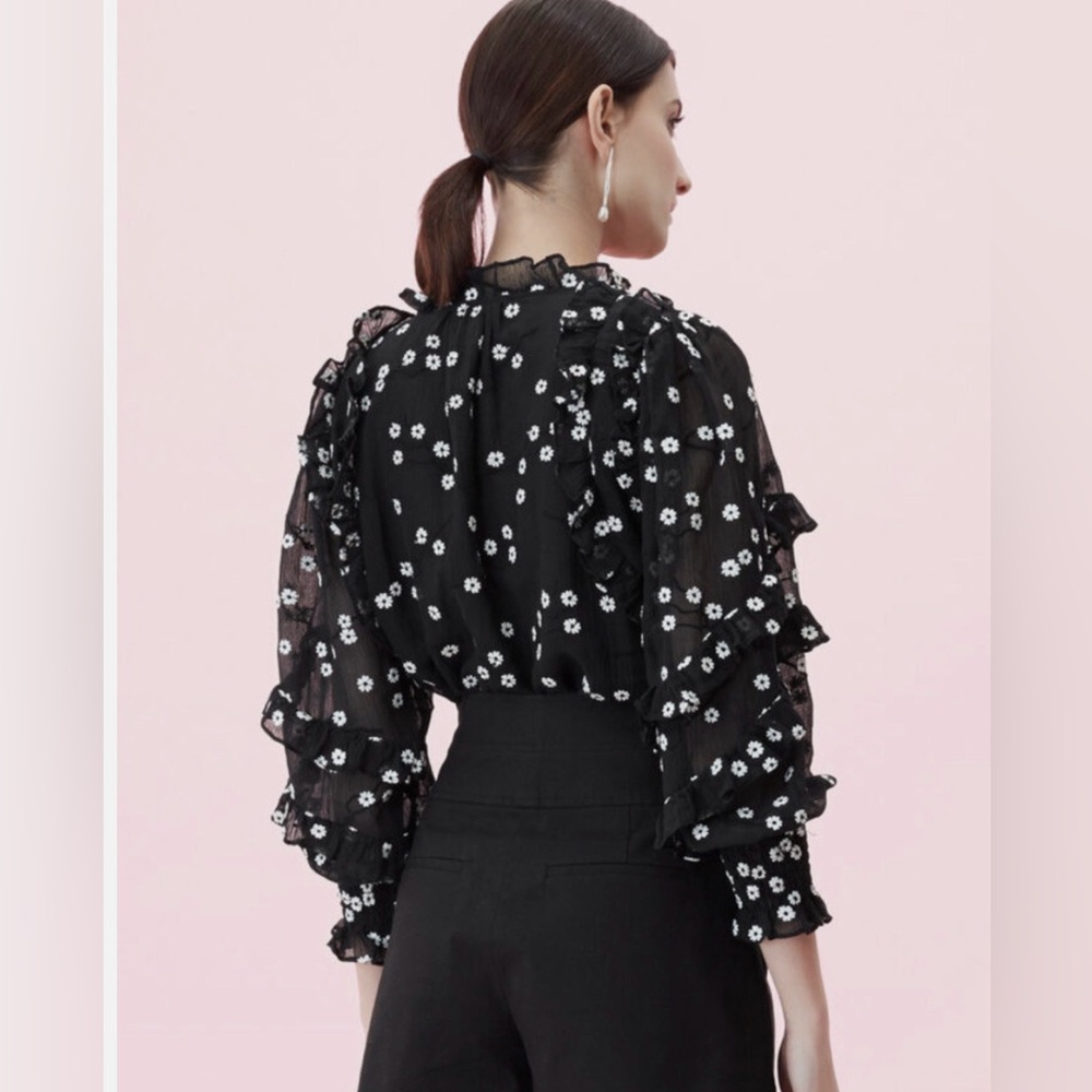 Rebecca Taylor Alessandra Ruffle Floral Blouse | Black | Size 4 - Picture 2 of 6